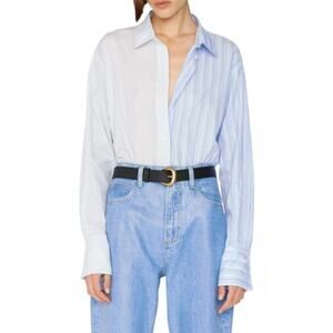 FRAME Women's Medium Blue White Horizontal Stripe Cotton Shirt Long Sleeve H25-7